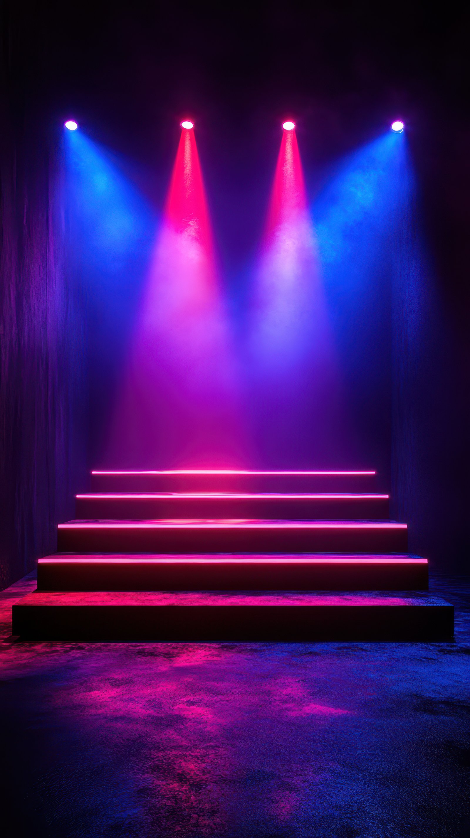 Colorful illuminated steps create a dynamic atmosphere in a darkened space for a performance or event